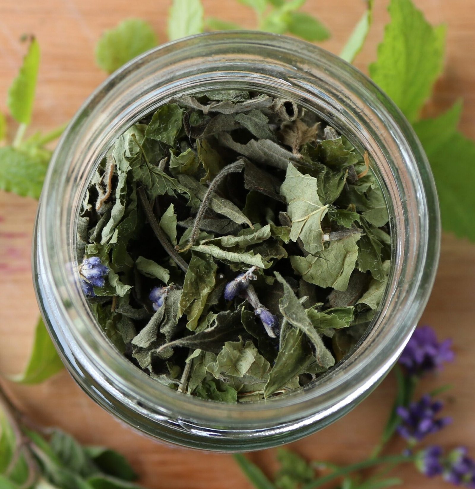 Looking in the jar top of Deep Heal herbal tea with fresh ingredients scattered around.