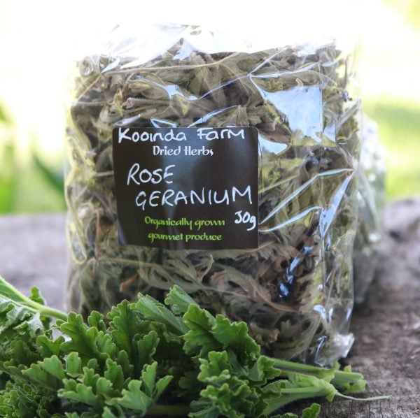 packet of rose geranium leaves with fresh leaves in front